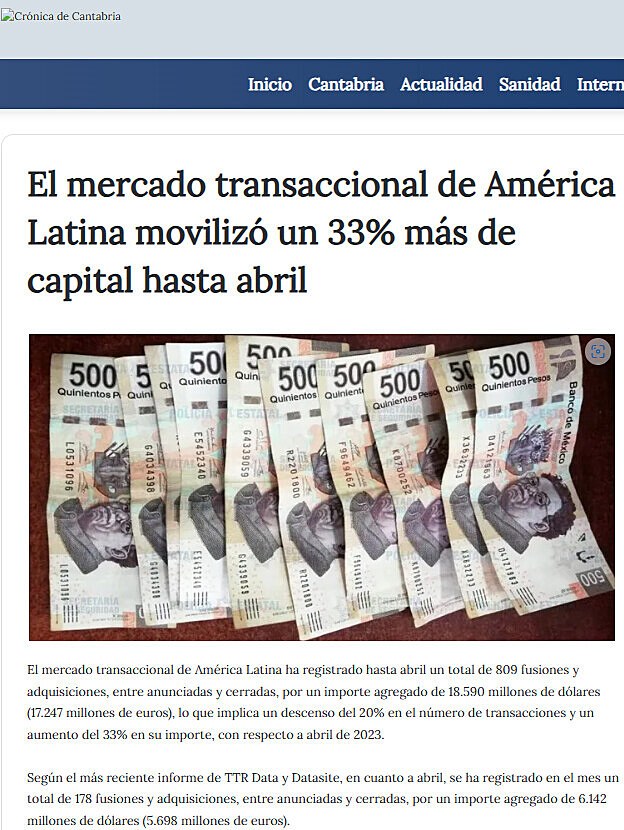 El mercado transaccional de Amrica Latina moviliz un 33% ms de capital hasta abril